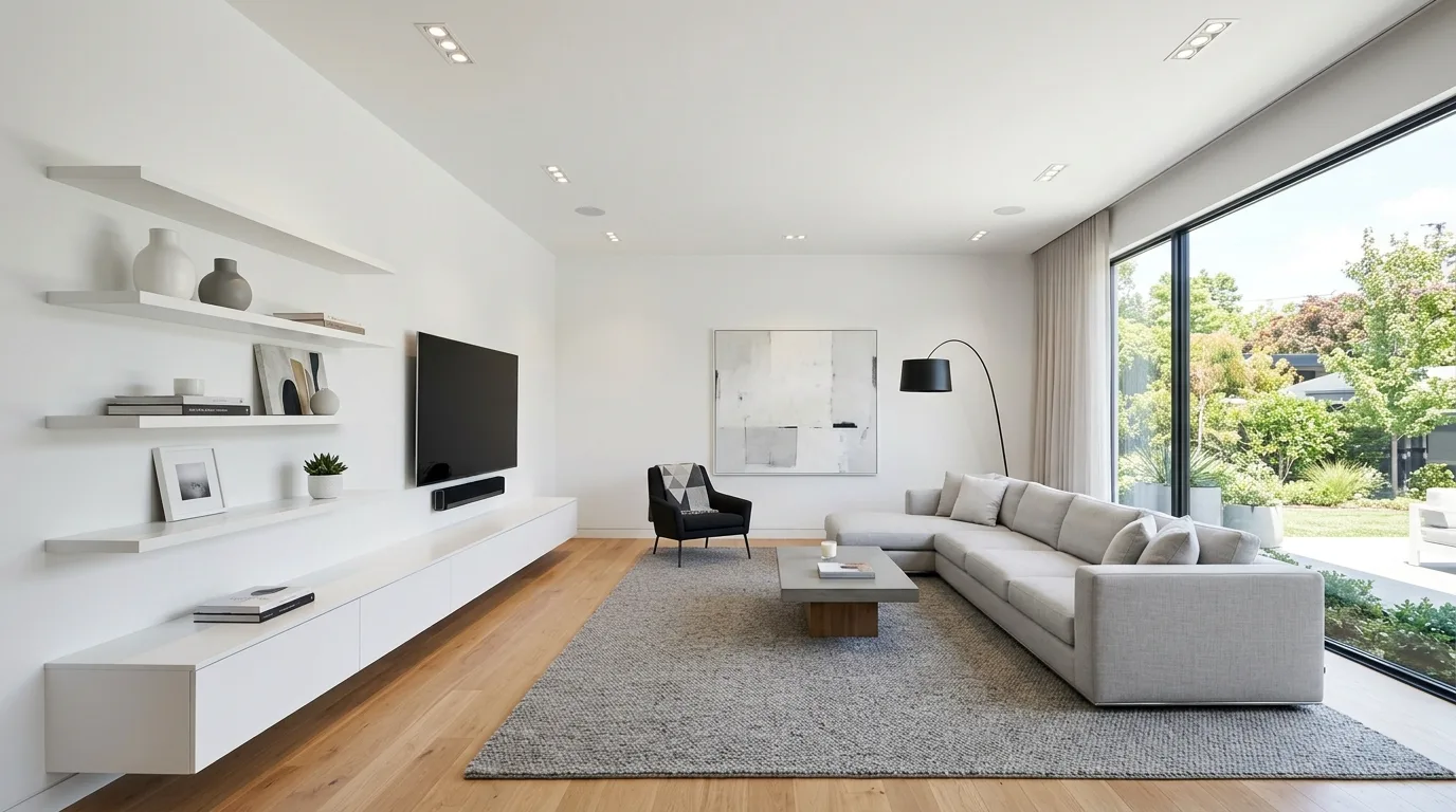 Use lighting as a quiet focal point inspiration for a minimalist living room.